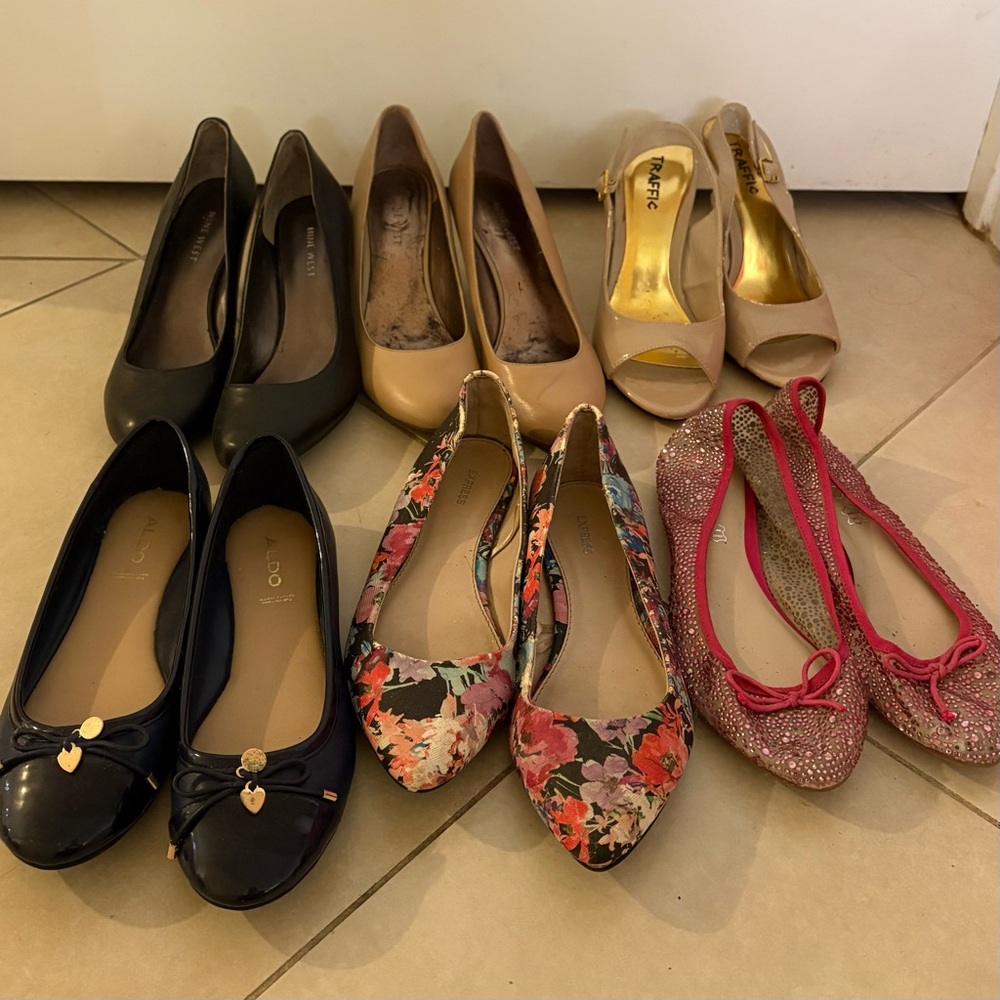 Express Aldo Nine West Traffic Ballet Flats Pumps Heels Floral 6 Pairs Lot Set